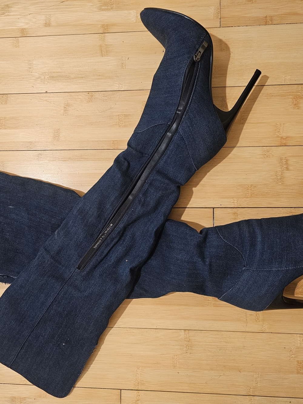 Dark Blue Denim Knee-High Boot with Pointed Toe